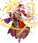  1girl animal_ears bangs black_hair confetti fire_emblem fire_emblem_fates fire_emblem_heroes floating floating_object frills full_body fuzichoco grey_hair hair_ornament highres japanese_clothes kimono long_hair looking_away multicolored_hair official_art pointy_ears red_eyes sandals shiny shiny_hair solo stone tabi tail transparent_background velouria_(fire_emblem) white_legwear wolf_ears wolf_tail 