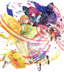  1girl bangs black_gloves blonde_hair blue_eyes blue_hair bug butterfly closed_eyes confetti facial_mark fairy_wings fire_emblem fire_emblem_heroes full_body gloves gradient gradient_hair hair_ornament highres insect japanese_clothes kimono kippu long_hair multicolored_hair official_art open_mouth orange_hair peony_(fire_emblem) petals pointy_ears purple_hair sandals smile solo tabi tanbi transparent_background triandra_(fire_emblem) white_legwear wide_sleeves wings 