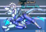  anthro athletic boots bulge clothed clothing dialogue dragon duo fighting_ring fish flay_(wingedwilly) footwear frill_(anatomy) glowing lucha_libre_mask luchador male male/male male_on_bottom male_on_top marine mask muscular on_bottom on_top reptile rubber scalie sports_mask sportswear spread_legs spreading topless wingedwilly wrestler wrestling wrestling_mask 