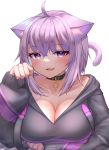  1girl ahoge animal_ears bangs black_choker black_jacket blush breasts cat_ears cat_tail choker cleavage collarbone deaver eyebrows_visible_through_hair fang hand_up highres hololive jacket large_breasts long_sleeves looking_at_viewer nekomata_okayu open_mouth paw_pose purple_eyes purple_hair short_hair simple_background smile solo tail upper_body virtual_youtuber white_background 