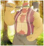  2020 anthro axe barazoku barely_visible_nipples beard belt body_hair border bottomwear bowser chest_hair clothed clothing detailed_background eyebrows facial_hair forest hair happy_trail hi_res horn koopa looking_at_viewer lumberjack male mario_bros melee_weapon muscular muscular_anthro muscular_male nintendo nipple_piercing nipples open_clothing open_topwear open_vest outside pants piercing plant scalie shadowmatamori shell signature solo spiked_shell spikes spikes_(anatomy) standing suspenders topwear tree vest video_games weapon white_border 