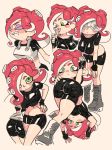  1girl ass black_gloves black_shorts blush boots breasts candy crop_top fingerless_gloves food gloves green_eyes grey_footwear large_breasts lollipop multiple_views octarian octoling red_hair shorts simple_background splatoon_(series) suction_cups tan_background tentacle_hair yuta_agc 