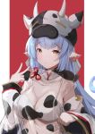  1girl absurdres animal_ears animal_print bangs blue_hair breasts cleavage closed_mouth cow_ears cow_hood cow_horns cow_print detached_sleeves draph earrings eyebrows_visible_through_hair granblue_fantasy highres horns hzhc jewelry large_breasts long_hair looking_at_viewer navel red_background shatola_(granblue_fantasy) sheer_clothes simple_background solo two-tone_background upper_body v white_background wide_sleeves yellow_eyes 