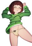 1girl absurdres arms_up ass_visible_through_thighs bangs blsh blush bob_cut bow bow_panties breasts brown_hair clitoral_hood collarbone from_above green_sweater groin half-closed_eyes highres long_sleeves looking_down lying navel nose_blush on_back panties parted_lips pussy see-through shirt sho-tan_(thedoujin) short_hair sidelocks simple_background small_breasts solo spread_legs sweater teeth thedoujin uncensored underwear white_background white_shirt yellow_eyes yellow_panties 
