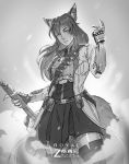  1girl absurdres animal_ears armor coat commission commissioner_upload highres long_hair monochrome original royal_(unit645) serious sketch skirt tagme tail thighhighs weapon wolf_ears wolf_tail zsanjani 