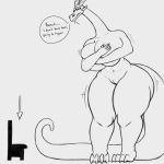  1:1 anthro bartok_the_magnificent big_breasts breasts chair dialogue dragon english_text female furniture hi_res holding_breast huge_breasts ludmilla_(bartok) macro mirokuj7 monochrome sketch text thick_thighs wide_hips 