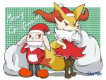  3_toes 4:3 ambiguous_gender anthro bag blush braixen cheek_tuft christmas christmas_clothing christmas_headwear clothing duo ear_tuft english_text eyelashes facial_tuft floppy_ears fuku-sk fur hat headgear headwear hi_res holidays nintendo orange_body orange_eyes orange_fur orange_nose pok&eacute;mon pok&eacute;mon_(species) raboot santa_hat shoulder_tuft standing text toes tuft video_games white_body white_fur yellow_body yellow_fur yellow_nose 