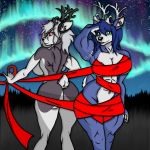  2020 abs alternate_form anthro antlers black_nose blue_hair capreoline cervid christmas crossover duo female fur green_eyes grey_body grey_fur hair helluva_boss hi_res holidays horn inner_ear_fluff krystal loona_(vivzmind) mammal markings multicolored_body multicolored_fur muscular muscular_anthro muscular_female navel nintendo oleanderin red_sclera reindeer ribbons scut_tail star_fox tattoo tuft video_games white_body white_eyes white_fur white_hair white_inner_ear 