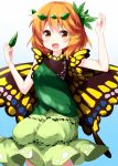  1girl aki_shizuha arms_up bangs blue_background butterfly_wings cosplay cowboy_shot dress eternity_larva eternity_larva_(cosplay) eyebrows_visible_through_hair gradient gradient_background green_dress green_skirt hair_ornament highres holding holding_leaf leaf leaf_hair_ornament leaf_on_head looking_at_viewer medium_hair open_mouth orange_eyes orange_hair ruu_(tksymkw) short_sleeves single_strap skirt smile solo touhou wings yellow_wings 