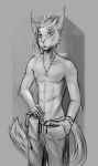  2020 5_fingers abs absurd_res anthro clothed clothing digital_media_(artwork) domestic_cat felid feline felis fingers hair hi_res looking_at_viewer male mammal monochrome nipples simple_background solo topless zenfry 
