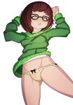  1girl absurdres arms_up ass_visible_through_thighs bangs black-framed_eyewear blsh blush bob_cut bow bow_panties breasts brown_hair clitoral_hood collarbone female_pubic_hair from_above glasses green_sweater groin half-closed_eyes highres long_sleeves looking_down lying navel nose_blush on_back panties parted_lips pubic_hair pussy see-through shirt sho-tan_(thedoujin) short_hair sidelocks simple_background small_breasts solo spread_legs sweater teeth thedoujin uncensored underwear white_background white_shirt yellow_eyes yellow_panties 