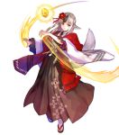  1girl animal_ears bangs black_hair fire_emblem fire_emblem_fates fire_emblem_heroes floating floating_object full_body fuzichoco grey_hair hair_ornament highres japanese_clothes kimono long_hair looking_away multicolored_hair official_art open_mouth pointy_ears sandals shiny shiny_hair solo stone tabi tail transparent_background velouria_(fire_emblem) white_legwear wolf_ears wolf_tail 