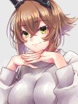  1girl alternate_costume blush breasts brown_hair chikage_(blackclownery) green_eyes grey_background grey_sweater hair_between_eyes headgear highres interlocked_fingers kantai_collection large_breasts long_sleeves looking_at_viewer mutsu_(kantai_collection) short_hair simple_background smile solo sweater 