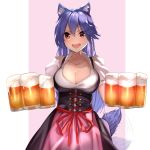  1girl absurdres alcohol animal_ears bangs beer blue_hair breasts cleavage commission commissioner_upload dirndl dress german_clothes highres large_breasts long_hair original pencamp pink_background red_eyes royal_(unit645) simple_background smile solo tagme tail teeth white_background wolf_ears wolf_tail 