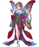  1girl bangs bow_(weapon) breasts cleavage facial_mark fairy_wings fire_emblem fire_emblem_heroes forehead_mark full_body gradient gradient_hair hand_up highres holding holding_bow_(weapon) holding_weapon japanese_clothes kimono large_breasts long_hair looking_at_viewer multicolored_hair obi official_art open_mouth plumeria_(fire_emblem) pointy_ears ponytail red_eyes sandals sash smile solo standing tabi teffish tied_hair transparent_background weapon white_legwear wide_sleeves wings 