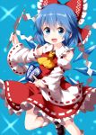  (9) 1girl ascot bangs black_footwear blue_background blue_eyes blue_hair bow cirno collarbone cosplay detached_sleeves eyebrows_visible_through_hair frilled_bow frilled_skirt frills gohei hair_between_eyes hair_bow hakurei_reimu hakurei_reimu_(cosplay) highres holding ice ice_wings leg_up light_particles looking_at_viewer nontraditional_miko ofuda open_mouth red_bow red_ribbon red_shirt ribbon ribbon-trimmed_skirt ribbon-trimmed_sleeves ribbon_trim ruu_(tksymkw) shirt short_hair skirt smile solo star_(sky) touhou v-shaped_eyebrows white_legwear white_ribbon wide_sleeves wings yellow_neckwear 