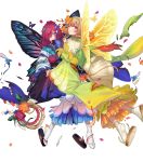  1girl bangs black_gloves blonde_hair blue_eyes blue_hair fairy_wings fire_emblem fire_emblem_heroes full_body gloves gradient gradient_hair hair_over_one_eye highres japanese_clothes kimono kippu long_hair looking_back multicolored_hair official_art one_eye_closed orange_hair parted_lips peony_(fire_emblem) petals pointy_ears purple_eyes purple_hair sandals solo tabi tanbi torn_clothes transparent_background triandra_(fire_emblem) white_legwear wide_sleeves wings 