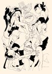  4girls aori_(splatoon) black_leotard breasts cleavage crop_top domino_mask earrings food food_on_head from_side greyscale hime_(splatoon) hotaru_(splatoon) iida_(splatoon) jewelry large_breasts leotard long_hair mask midriff mole mole_under_eye mole_under_mouth monochrome multiple_girls multiple_views navel object_on_head pointy_ears profile short_hair small_breasts splatoon_(series) splatoon_1 splatoon_2 tentacle_hair yuta_agc zipper zipper_pull_tab 