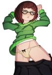  1girl absurdres arms_up ass_visible_through_thighs bangs black-framed_eyewear black_skirt blsh blush bob_cut bow bow_panties breasts brown_hair clitoral_hood collarbone female_pubic_hair from_above glasses green_sweater groin half-closed_eyes highres long_sleeves looking_down lying navel nose_blush on_back open_clothes open_skirt panties parted_lips pleated_skirt pubic_hair pussy see-through shirt sho-tan_(thedoujin) short_hair sidelocks simple_background skirt skirt_pull small_breasts solo spread_legs sweater teeth thedoujin uncensored underwear white_background white_shirt yellow_eyes yellow_panties 