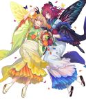  1girl bangs black_gloves blonde_hair blue_eyes blue_hair bug butterfly confetti facial_mark fairy_wings fire_emblem fire_emblem_heroes full_body gloves gradient gradient_hair hair_ornament hair_over_one_eye highres holding insect japanese_clothes kimono kippu long_hair looking_at_viewer multicolored_hair official_art orange_hair peony_(fire_emblem) petals pointy_ears purple_hair sandals smile solo tanbi transparent_background triandra_(fire_emblem) white_legwear wide_sleeves wings 