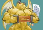  abs angry anthro biceps blue_dragon_(character) blue_dragon_(series) bodily_fluids chirros dragon flexing gym horn male muscular muscular_anthro muscular_male pecs poster rudolph_(blue_dragon) scalie solo sweat vein wings yellow_body 