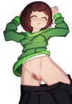 1girl absurdres arms_up ass_visible_through_thighs bangs black_skirt blsh blush bob_cut breasts brown_hair clitoral_hood collarbone female_pubic_hair from_above green_sweater groin half-closed_eyes highres long_sleeves looking_down lying navel no_panties nose_blush on_back open_clothes open_skirt parted_lips pleated_skirt pubic_hair pussy shirt sho-tan_(thedoujin) short_hair sidelocks simple_background skirt skirt_pull small_breasts solo spread_legs sweater teeth thedoujin uncensored white_background white_shirt yellow_eyes 