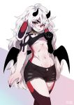  anthro bat_wings clothed clothing hair hi_res horn humanoid long_ears looking_at_viewer male membrane_(anatomy) membranous_wings michikochan nipples pinup pose simple_background smile solo wings 