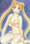  1girl bishoujo_senshi_sailor_moon blonde_hair blue_eyes blush bracelet closed_mouth colored_skin earrings floating_hair highres jewelry long_hair princess_serenity sailor_moon smile solo space star_(sky) thighhighs tsukino_usagi twintails underwear very_long_hair white_skin 