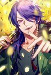  1boy :d arisugawa_dice bangs black_shirt blurry_foreground coin fur_trim glint green_jacket hair_over_one_eye hands_up highres holding holding_microphone hypnosis_mic jacket kazari_tayu long_sleeves looking_at_viewer male_focus microphone open_mouth parted_bangs pink_eyes purple_hair shirt smile solo yellow_background 