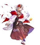  1girl animal_ears bangs black_hair closed_mouth fire_emblem fire_emblem_fates fire_emblem_heroes floating floating_object frills full_body fuzichoco grey_hair hair_ornament highres japanese_clothes kimono long_hair looking_away multicolored_hair official_art pointy_ears sandals shiny shiny_hair solo stone sweat sweatdrop tabi tail torn_clothes transparent_background velouria_(fire_emblem) white_legwear wide_sleeves wolf_ears wolf_tail 