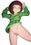  1girl absurdres arms_up ass_visible_through_thighs bangs blsh blush bob_cut bottomless breasts brown_hair clitoral_hood collarbone from_above green_sweater groin half-closed_eyes highres long_sleeves looking_down lying navel nose_blush on_back parted_lips pussy shirt sho-tan_(thedoujin) short_hair sidelocks simple_background small_breasts solo spread_legs sweater teeth thedoujin uncensored white_background white_shirt yellow_eyes 
