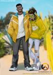  2boys baggy_clothes baptiste_(overwatch) beard black_pants blurry blurry_background casual chain_necklace character_name copyright_name dark_skin dark_skinned_male denim facial_hair full_body goatee goggles green-tinted_eyewear grey_pants hair_ornament hair_scrunchie hairlocs hand_in_pocket hands_in_pockets headphones headphones_around_neck highres hood hooded_jacket hoodie jacket jeans jewelry laughing long_hair lucio_(overwatch) male_focus multiple_boys necklace nike overwatch overwatch_(logo) pants rimless_eyewear scouter scrunchie shoes short_hair sneakers torn_clothes torn_jeans torn_pants undercut upper_teeth very_dark_skin white_footwear wireless yellow_hoodie yellow_jacket yellow_scrunchie yshua 