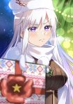  1girl azur_lane box breasts coat earmuffs enterprise_(azur_lane) enterprise_(reindeer_master)_(azur_lane) eyebrows_visible_through_hair gift gift_box giving highres holding holding_gift large_breasts long_hair looking_at_viewer maroonabyss merry_christmas night presenting purple_eyes santa_costume scarf silver_hair solo very_long_hair white_coat white_santa_costume white_scarf winter_clothes 