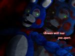  2015 4:3 ambiguous_gender animatronic blood blue_body bodily_fluids bow_tie buckteeth english_text five_nights_at_freddy&#039;s five_nights_at_freddy&#039;s_2 freckles green_eyes ill825_(artist) lagomorph leporid looking_aside machine mammal multicolored_body nightmare_fuel open_mouth rabbit red_cheeks robot solo spread_arms teeth text toy_bonnie_(fnaf) video_games 