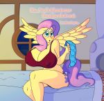  anthro bed bedroom big_breasts blue_eyes blush bra breasts cleavage clothed clothing condom convenient_censorship equid equine female fluttershy_(mlp) friendship_is_magic furniture gunpowdergreentea hair hair_covering_breasts hasbro hi_res holding_object huge_breasts lingerie looking_at_viewer mammal my_little_pony night nipple_outline panties pegasus pink_hair red_clothing sexual_barrier_device sitting_on_bed solo spread_wings underwear window wings yellow_body 