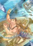  2boys aegir_(tokyo_houkago_summoners) aqua_hair bara bare_pecs beard blue_eyes bulge chain chest_harness couple dark_skin dark_skinned_male facial_hair fins foot_out_of_frame harness hug hug_from_behind jewelry looking_up male_focus male_swimwear master_3_(tokyo_houkago_summoners) multicolored_hair multiple_boys muscular muscular_male nipples official_alternate_costume onionworkshop pectorals reward_available short_hair single_earring streaked_hair swim_briefs swimwear thighs tokyo_houkago_summoners treasure_chest white_hair yaoi 