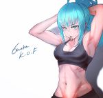 1girl 6maker adjusting_hair armpits arms_behind_head arms_up bangs blue_eyes blue_hair breasts cleavage hair_tie hair_tie_in_mouth highres leona_heidern midriff mouth_hold muscular navel ponytail signature solo the_king_of_fighters tying_hair 
