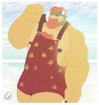  2020 anthro beard body_hair border bowser chest_hair clothing eyebrows facial_hair hair hi_res horn koopa looking_at_viewer male mario_bros muscular muscular_anthro muscular_male nintendo nipples one_eye_closed overalls overalls_only scalie shadowmatamori signature smile solo standing video_games white_border wink 