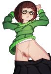  1girl absurdres arms_up ass_visible_through_thighs bangs black-framed_eyewear black_skirt blsh blush bob_cut breasts brown_hair clitoral_hood collarbone female_pubic_hair from_above glasses green_sweater groin half-closed_eyes highres long_sleeves looking_down lying navel no_panties nose_blush on_back open_clothes open_skirt parted_lips pleated_skirt pubic_hair pussy shirt sho-tan_(thedoujin) short_hair sidelocks simple_background skirt skirt_pull small_breasts solo spread_legs sweater teeth thedoujin uncensored white_background white_shirt yellow_eyes 