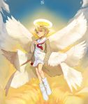  1girl absurdres angel artist_name brown_eyes cloud dated day full_body halo highres huge_filesize inukai_michiru kartprowler long_sleeves looking_at_viewer munou_na_nana outdoors school_uniform serafuku short_hair solo white_legwear wings 