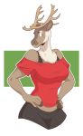  2020 anthro antlers bottomwear bra breasts brown_body brown_eyes brown_fur capreoline cervid clothed clothing eyelashes female front_view fur hands_on_hips hi_res horn mammal midriff neck_tuft pants pinup portrait pose reindeer shirt simple_background slightlysimian solo three-quarter_portrait topwear tuft underwear 