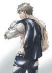  1boy black_pants brown_hair from_behind jacket_over_shoulder male_focus masaoka_tomomi mechanical_arm millipen_(medium) old old_man pants prosthesis prosthetic_arm psycho-pass shirtless short_hair simple_background sketch solo standing taketake09190920 toned toned_male traditional_media white_background 