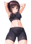  1girl :o ahoge armpits arms_behind_head arms_up bangs bike_shorts black_shorts blush breasts cowboy_shot eyebrows_visible_through_hair green_eyes hair_bun highres hitachi_mako looking_at_viewer medium_breasts navel open_mouth senren_banka short_hair_with_long_locks shorts side_bun sidelocks simple_background skindentation solo sports_bra stomach sweat white_background zirba 