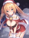  .live 1girl alternate_costume bell bell_collar blonde_hair blush breasts cleavage collar commentary_request green_eyes gyuunyuu_bin hair_ornament kongou_iroha large_breasts long_hair looking_at_viewer night santa_costume smile snow snowing solo twintails virtual_youtuber 
