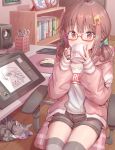  1girl book bookshelf brown_eyes brown_hair chair cup desk drawing_tablet glasses grey_legwear grey_shorts hair_ornament hirokazu_(analysis-depth) holding holding_cup indoors jacket long_sleeves loungewear mouse_(computer) mug musical_note_hair_ornament open_clothes open_jacket original pink_jacket short_twintails shorts sipping sitting sleeves_past_wrists socks solo twintails 