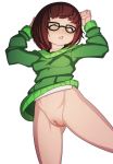  1girl absurdres arms_up ass_visible_through_thighs bangs black-framed_eyewear blsh blush bob_cut bottomless breasts brown_hair clitoral_hood collarbone from_above glasses green_sweater groin half-closed_eyes highres long_sleeves looking_down lying navel nose_blush on_back parted_lips pussy shirt sho-tan_(thedoujin) short_hair sidelocks simple_background small_breasts solo spread_legs sweater teeth thedoujin uncensored white_background white_shirt yellow_eyes 