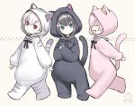  3girls :d :o ^_^ animal_costume animal_ears animal_hood bangs black_hair brown_background capriccio cat_costume cat_ears cat_hood cat_tail closed_eyes commentary_request dated eyebrows_visible_through_hair fake_animal_ears fake_tail fang green_eyes hair_between_eyes hood hood_up kaburi_chiko kapu_rinko long_sleeves multiple_girls ochi_ripca open_mouth original parted_lips pink_hair profile puffy_long_sleeves puffy_sleeves red_eyes signature sleeves_past_wrists smile tail tail_raised white_hair 