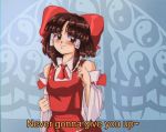  1990s_(style) 1girl adapted_costume ascot bangs blunt_bangs blush bow brown_eyes brown_hair collared_shirt commentary detached_sleeves dress english_commentary english_text frilled_shirt_collar frills hair_bow hair_tubes hakurei_reimu hand_up looking_away making-of_available music never_gonna_give_you_up parted_bangs red_bow red_dress red_neckwear red_ribbon ribbon ribbon-trimmed_dress ribbon-trimmed_sleeves ribbon_trim rickroll shirt short_hair sidelocks singing smile solo step_arts touhou upper_body wide_sleeves yin_yang yin_yang_print 