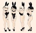  +_+ 2girls animal_ears arms_up ass bare_legs bare_shoulders black_footwear black_hair black_leotard breasts bunny_ears bunny_tail callie_(splatoon) character_request check_character detached_collar fake_animal_ears gloves high_heels leotard marie_(splatoon) medium_breasts multiple_girls multiple_views playboy_bunny short_hair simple_background splatoon_(series) standing strapless strapless_leotard tail tan_background white_gloves white_hair yellow_eyes yuta_agc 