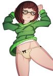  1girl absurdres arms_up ass_visible_through_thighs bangs black-framed_eyewear blsh blush bob_cut bow bow_panties breasts brown_hair clitoral_hood collarbone from_above glasses green_sweater groin half-closed_eyes highres long_sleeves looking_down lying navel nose_blush on_back panties parted_lips pussy see-through shirt sho-tan_(thedoujin) short_hair sidelocks simple_background small_breasts solo spread_legs sweater teeth thedoujin uncensored underwear white_background white_shirt yellow_eyes yellow_panties 